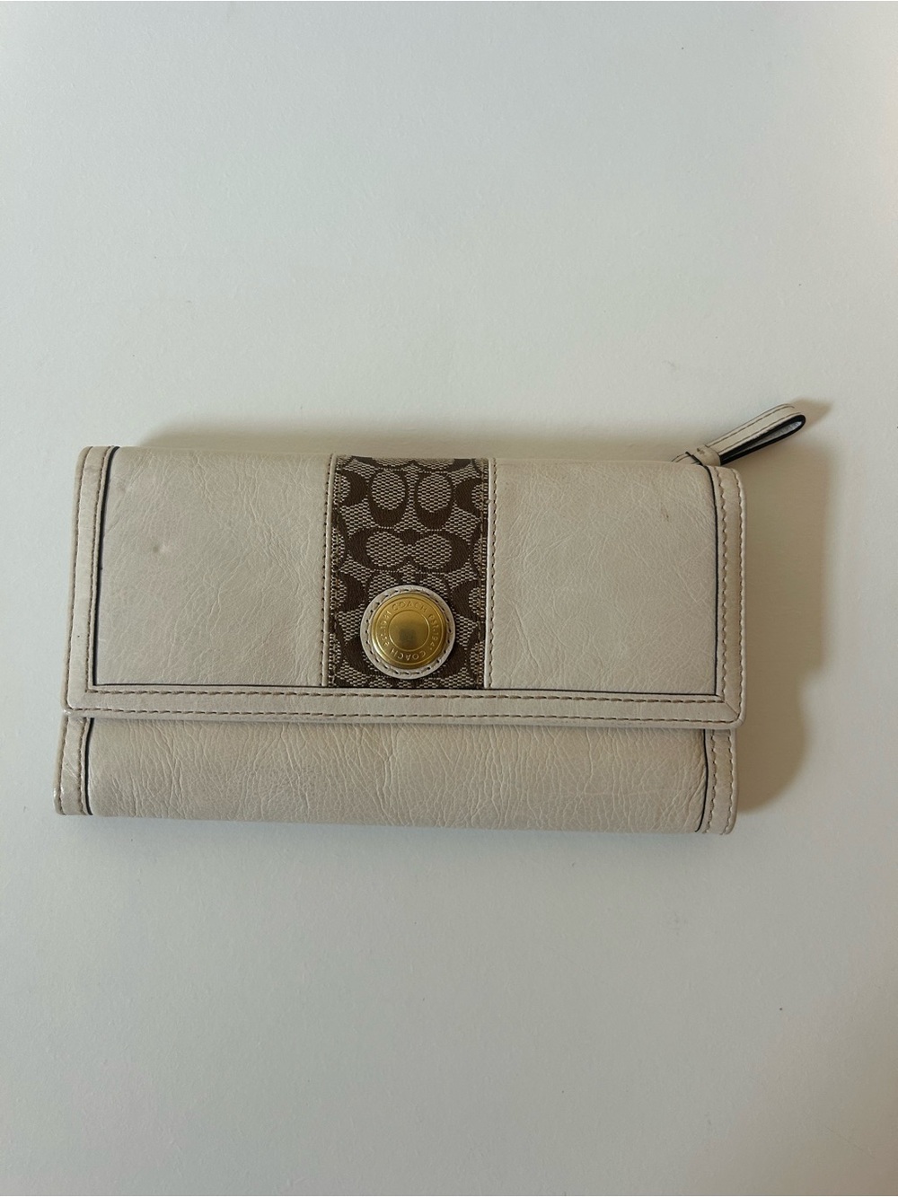 Coach Cream Leather Continental Wallet with Signature Canvas Accent